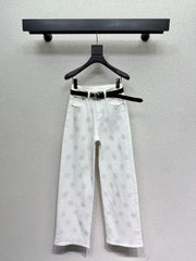 Rhinestone-embellished straight-leg wide-leg jeans with belt