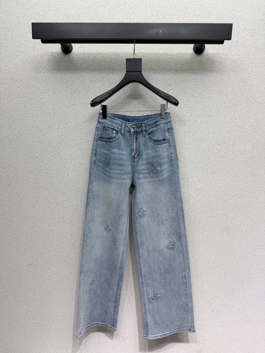 Rhinestone-studded straight-leg wide-leg jeans