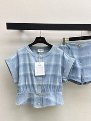 Blue striped denim short-sleeved jacket + shorts