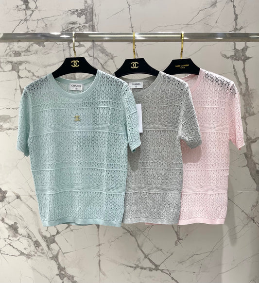 Openwork Knit Crew Neck Short-Sleeve Top