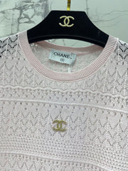 Openwork Knit Crew Neck Short-Sleeve Top