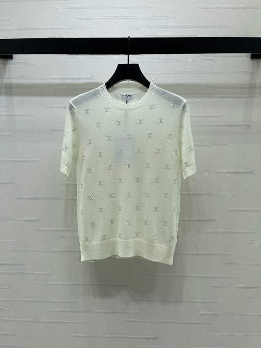 Openwork Knit Crew Neck Short-Sleeve Top