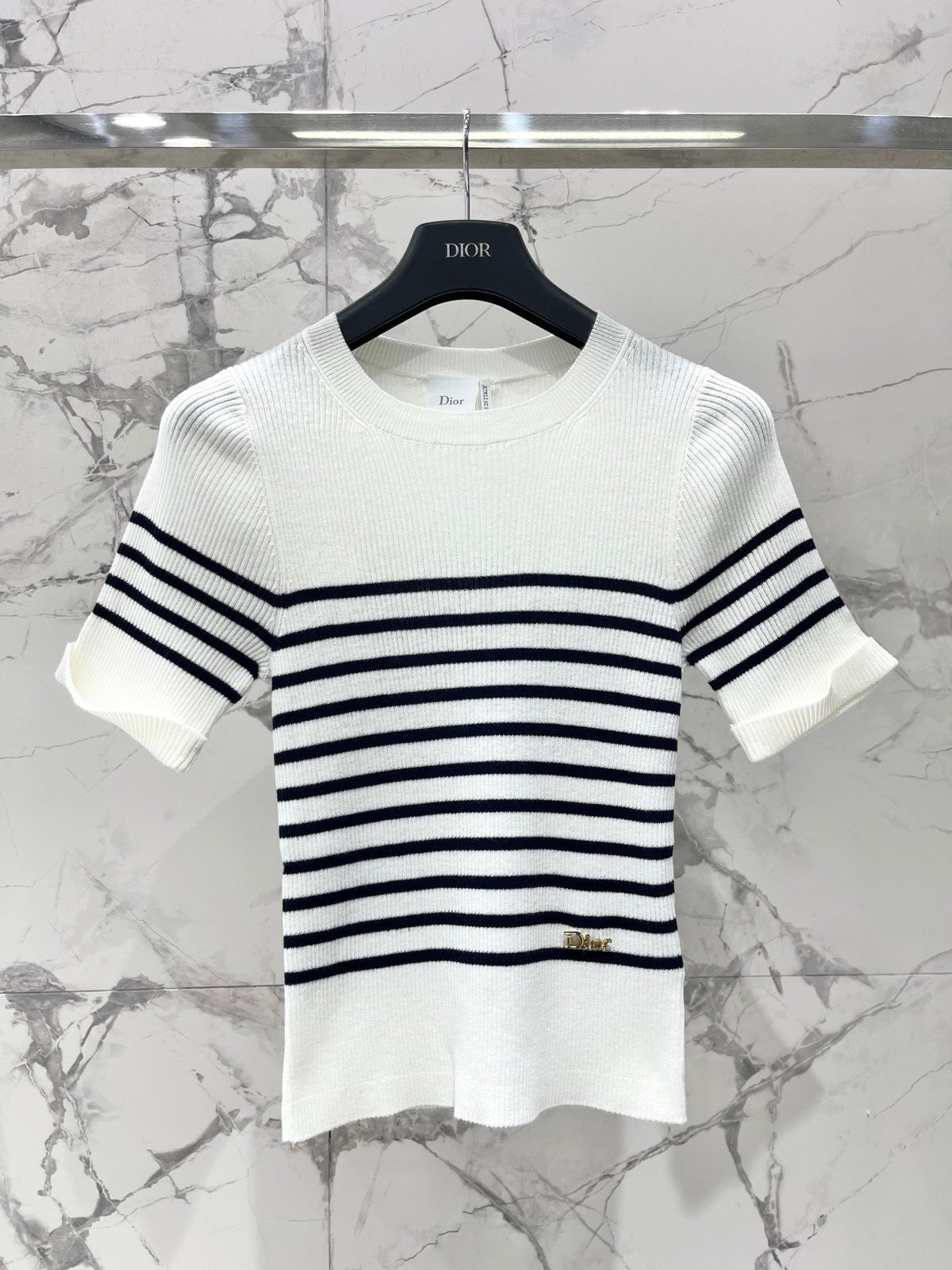 26  New Striped Short-Sleeve Knit Top with Metal Lettering and Crew Neck