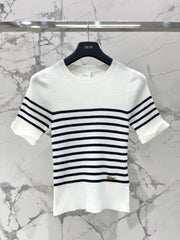 26  New Striped Short-Sleeve Knit Top with Metal Lettering and Crew Neck