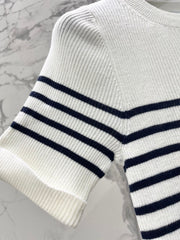 26  New Striped Short-Sleeve Knit Top with Metal Lettering and Crew Neck