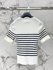 26  New Striped Short-Sleeve Knit Top with Metal Lettering and Crew Neck