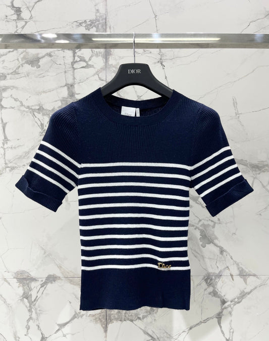 26  New Striped Short-Sleeve Knit Top with Metal Lettering and Crew Neck