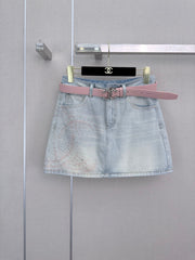 26SS New Arrival: Rhinestone-Embellished Denim Mini A-Line Skirt