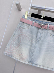 26SS New Arrival: Rhinestone-Embellished Denim Mini A-Line Skirt