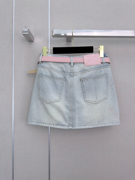 26SS New Arrival: Rhinestone-Embellished Denim Mini A-Line Skirt