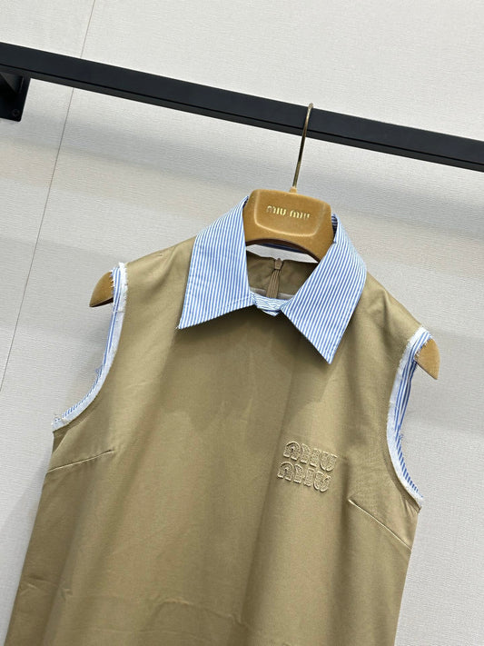 Polo collar sleeveless dress with frayed edges