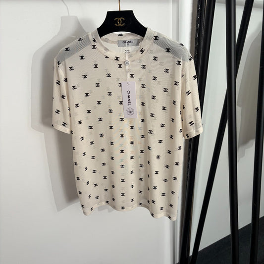 Flocked logo mesh short-sleeved T-shirt