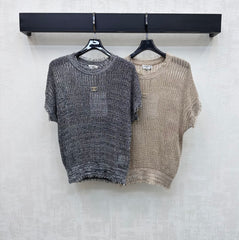 Raw-edged short-sleeved knit top