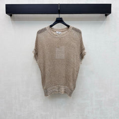 Raw-edged short-sleeved knit top