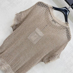 Raw-edged short-sleeved knit top
