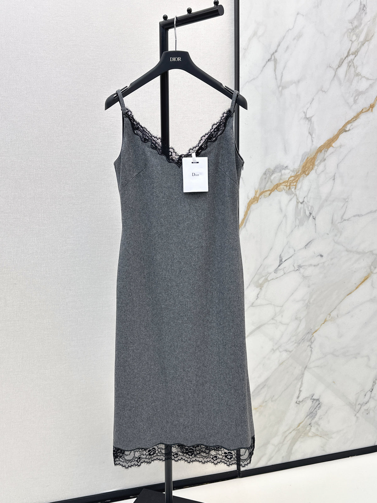 High-end gray patchwork lace slip dress
