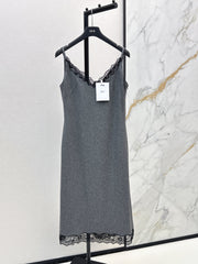 High-end gray patchwork lace slip dress