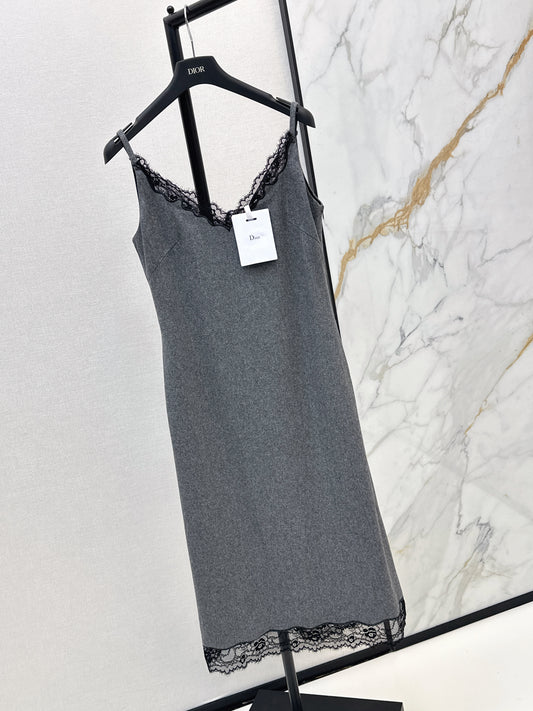 High-end gray patchwork lace slip dress