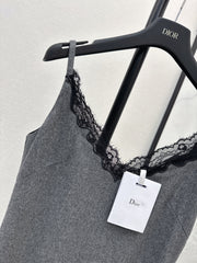 High-end gray patchwork lace slip dress