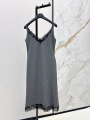High-end gray patchwork lace slip dress