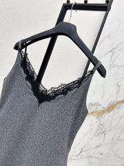 High-end gray patchwork lace slip dress