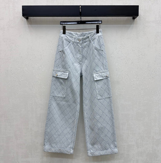 Quilted Diamond-Pattern Denim Trousers