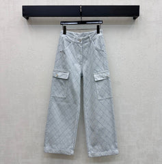 Quilted Diamond-Pattern Denim Trousers