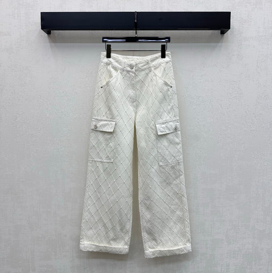 Quilted Diamond-Pattern Denim Trousers