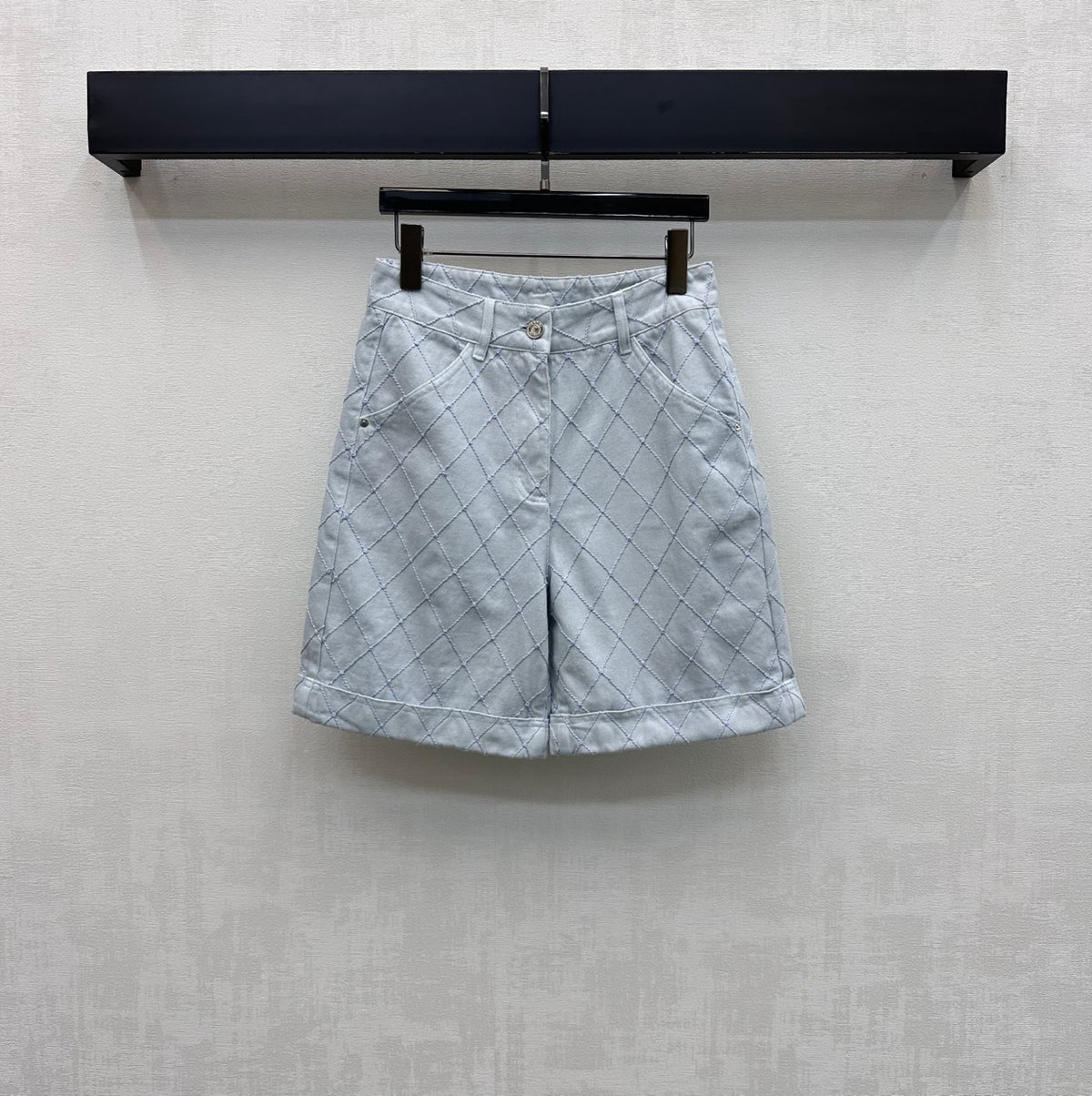 Quilted Diamond-Pattern Denim Cuff Shorts