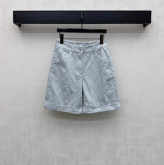 Quilted Diamond-Pattern Denim Cuff Shorts