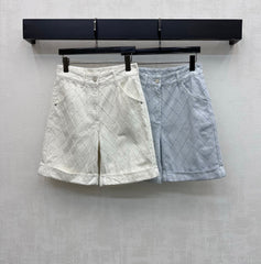 Quilted Diamond-Pattern Denim Cuff Shorts