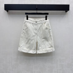 Quilted Diamond-Pattern Denim Cuff Shorts
