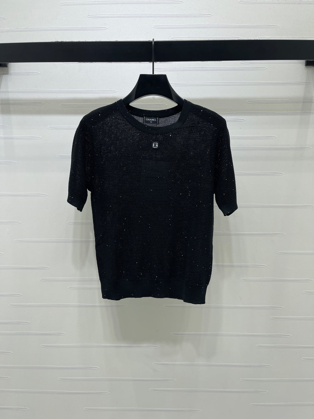 Sequined Crew Neck Knit Short-Sleeve T-Shirt