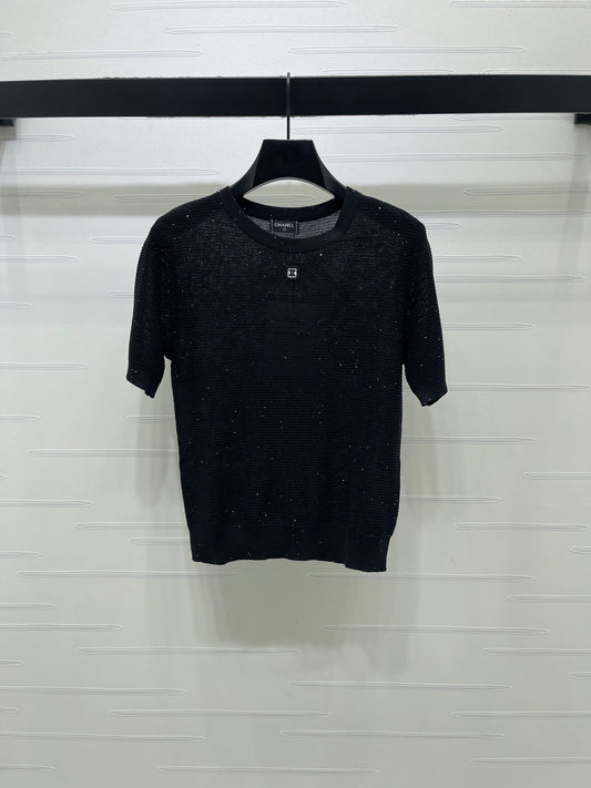 Sequined Crew Neck Knit Short-Sleeve T-Shirt