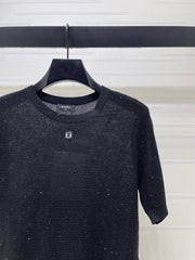 Sequined Crew Neck Knit Short-Sleeve T-Shirt