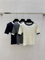 Color-blocked minimalist round neck knit short-sleeved top