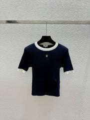 Color-blocked minimalist round neck knit short-sleeved top
