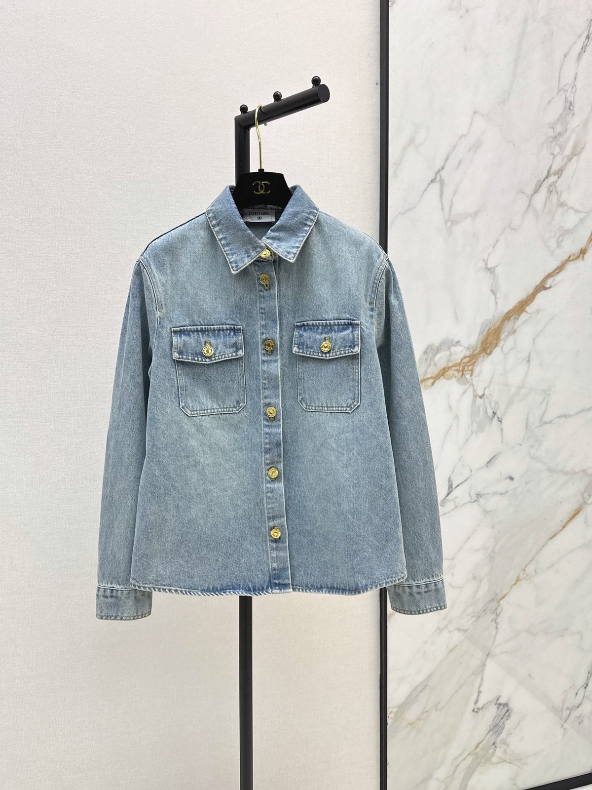 Gold-button denim shirt