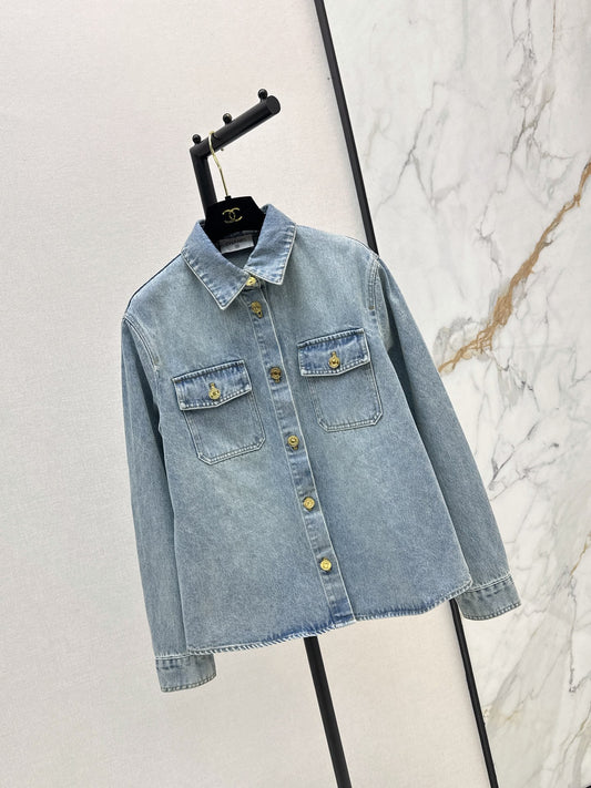 Gold-button denim shirt
