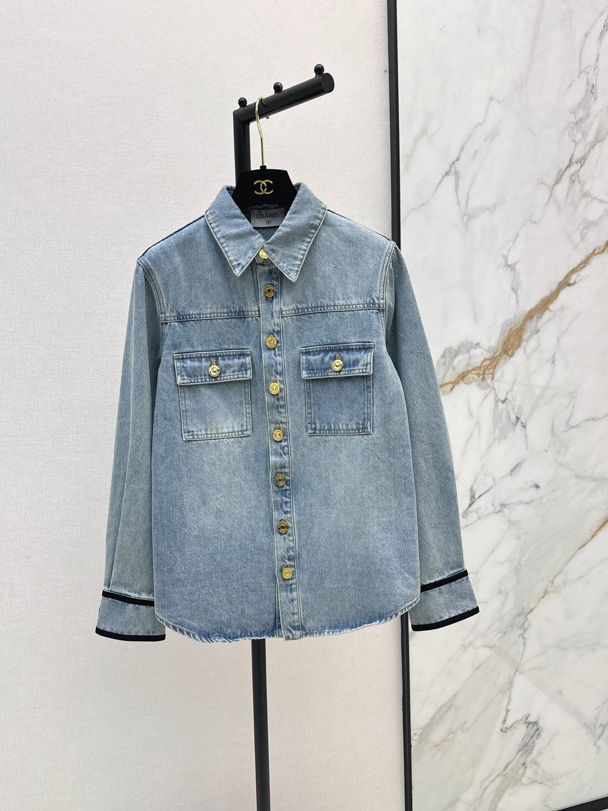 Gold-buttoned lace-up denim shirt