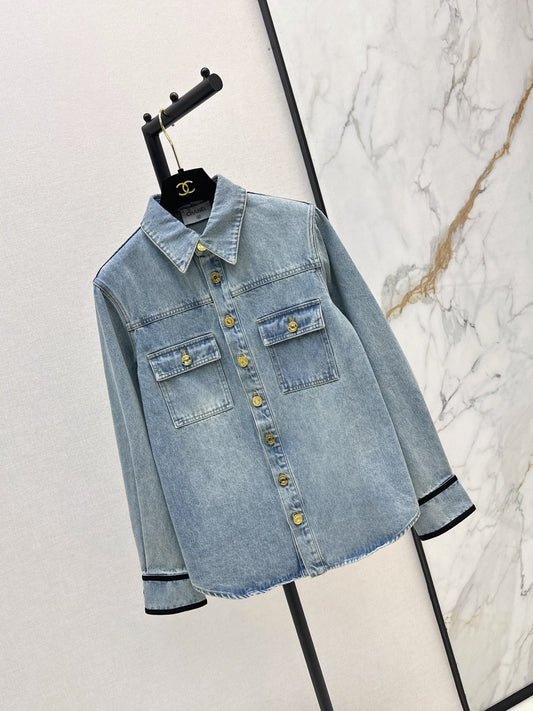 Gold-buttoned lace-up denim shirt
