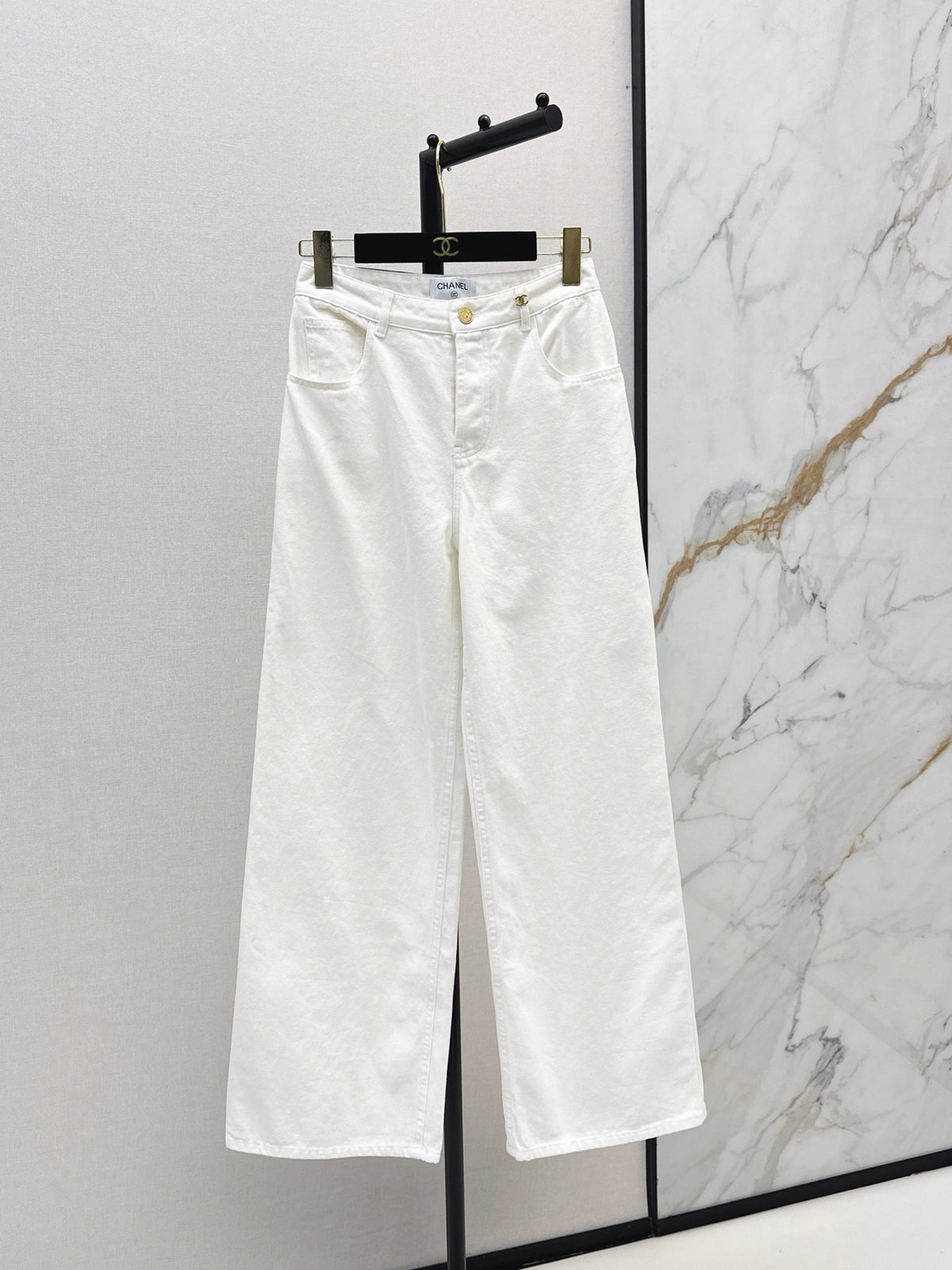 Wide-leg denim trousers with gold buttons