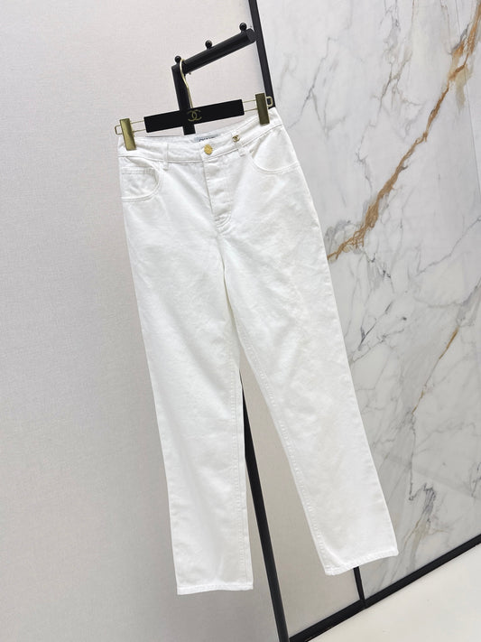 Slim-fit denim trousers with gold buttons