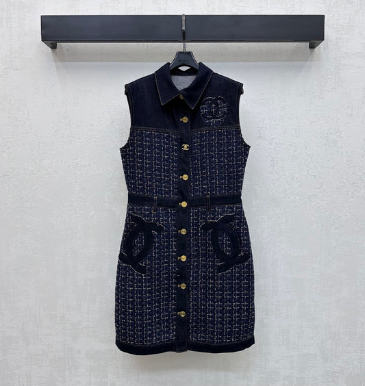 Tweed and Denim Patchwork Vest Dress