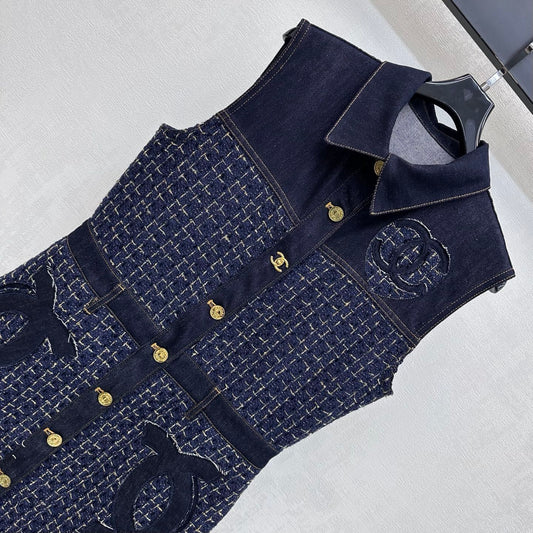 Tweed and Denim Patchwork Vest Dress