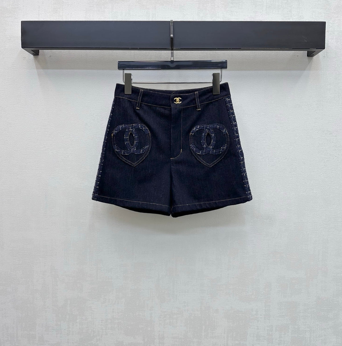 Tweed and denim patchwork shorts