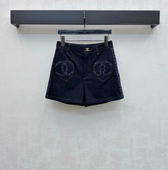 Tweed and denim patchwork shorts