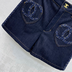Tweed and denim patchwork shorts