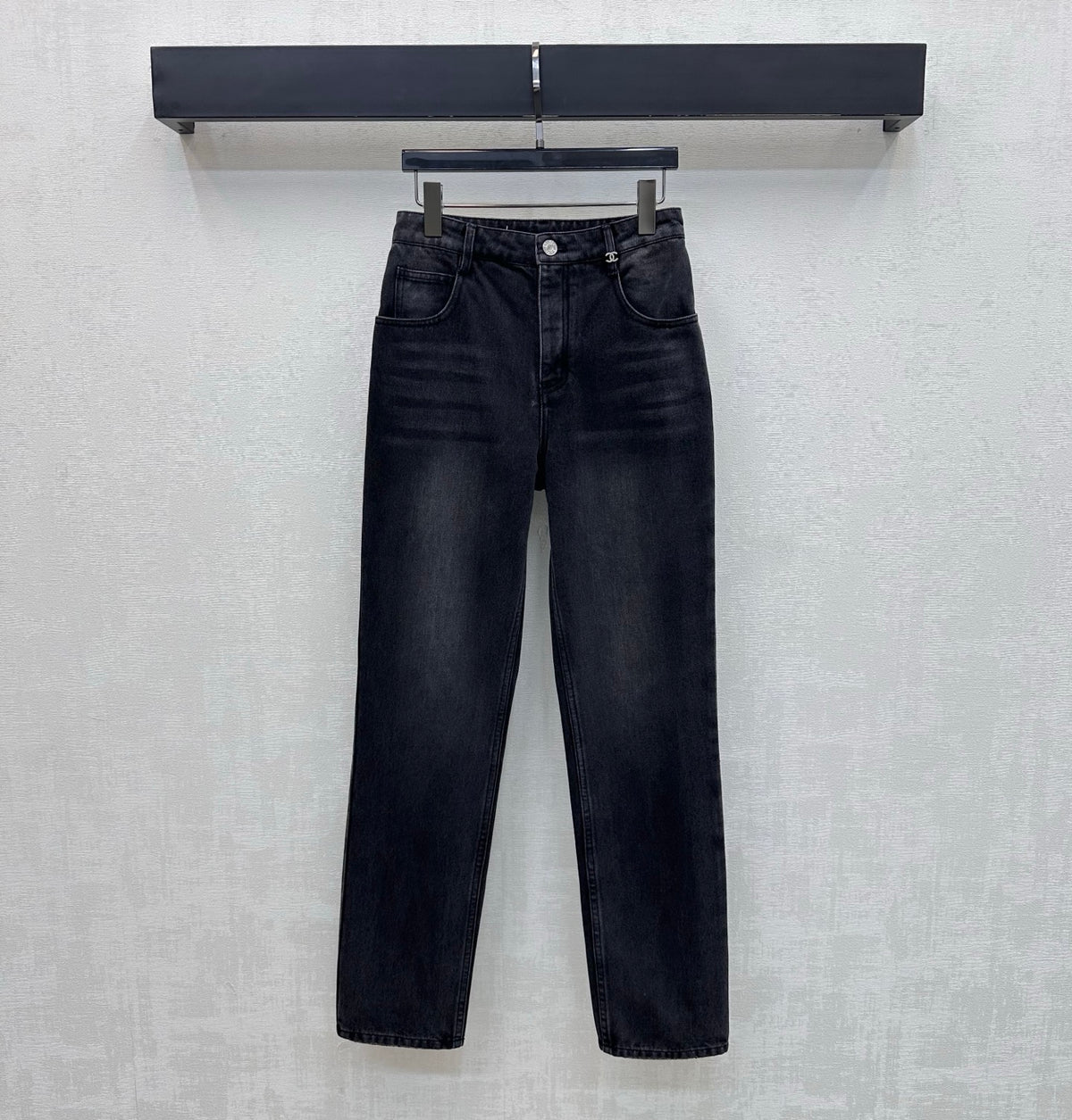 Straight-leg denim trousers with gold buttons