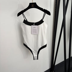 Black and white color-block halter one-piece swimsuit